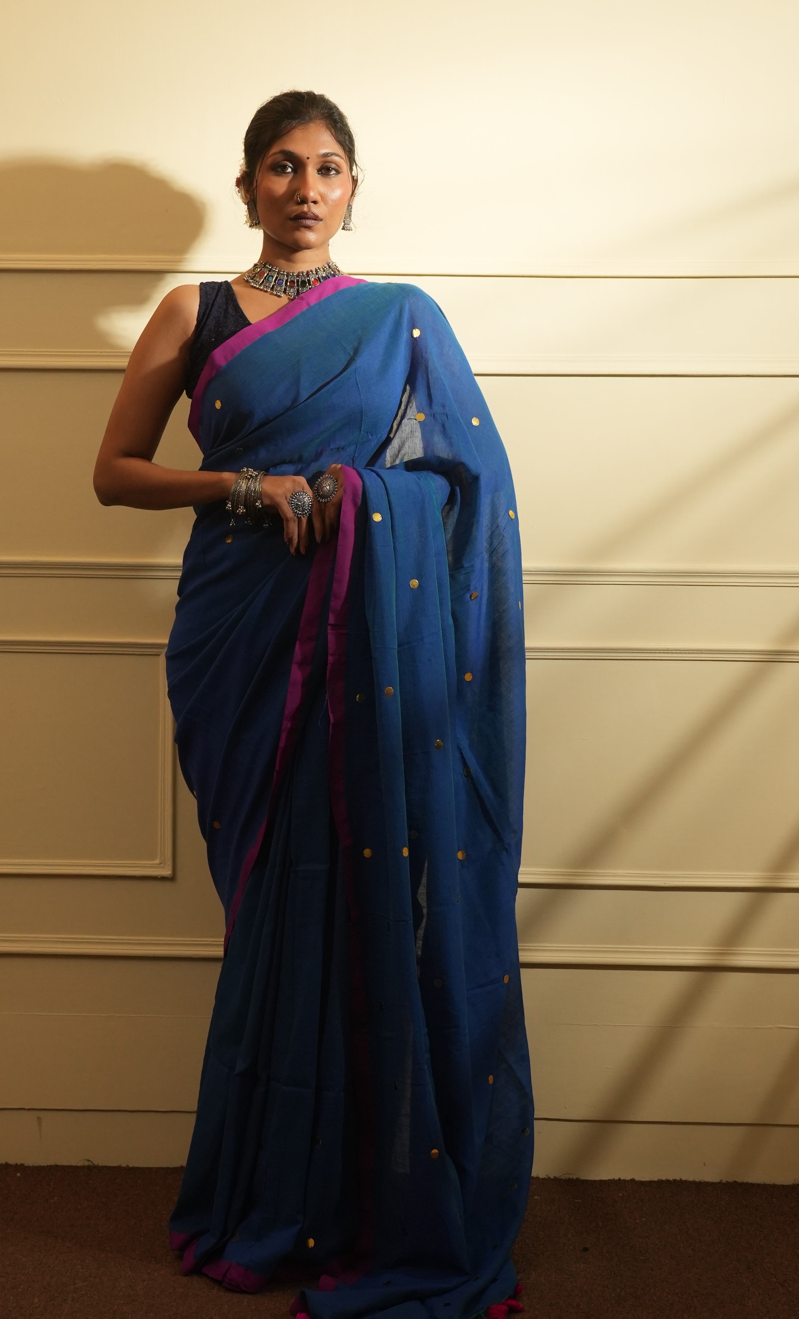 RangDhaaga Royal Blue with Pink Border Sequence Cotton Saree - By Shreya